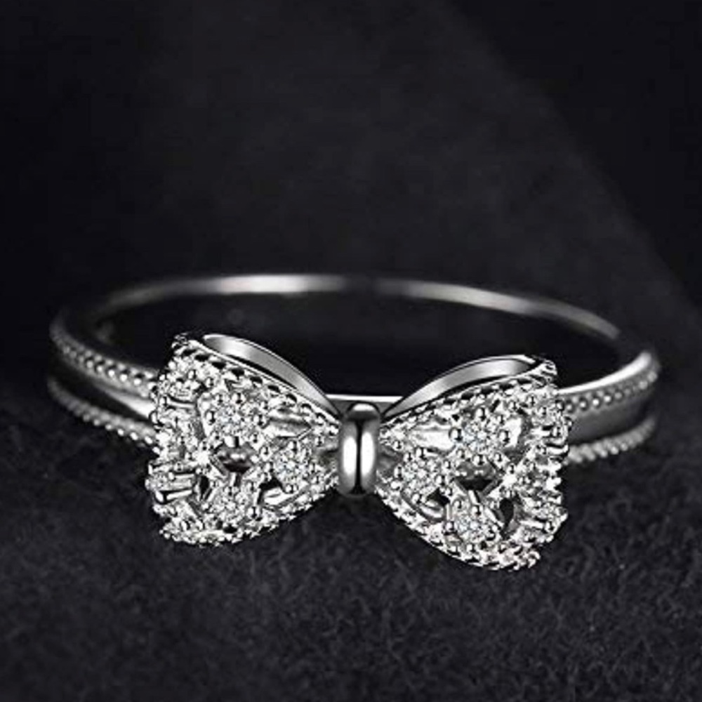 Simulated Diamond Bow Ring 14K White Gold Plated 925 Sterling Silver NWT